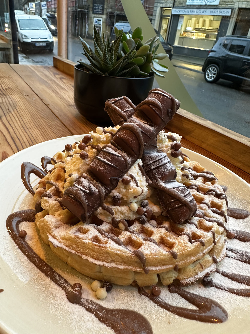 An indulgent waffle with chocolate at BALANCE