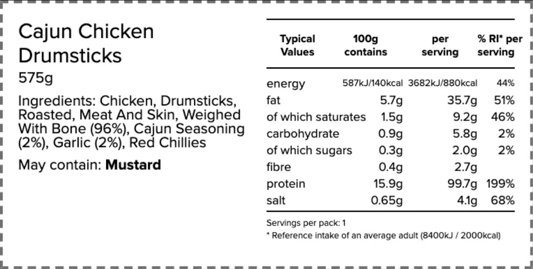 Nutrition and ingredients label for Cajun Chicken Drumsticks