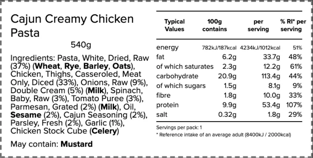 Nutrition and ingredients label for Cajun Creamy Chicken Pasta