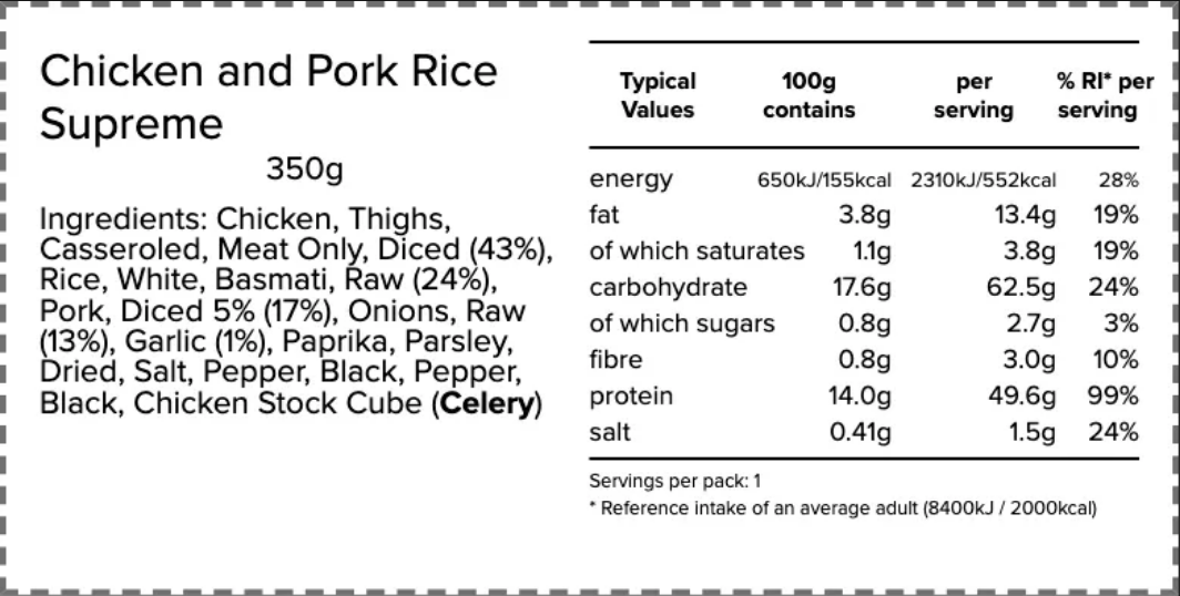 Nutrition and ingredients label for Chicken and Pork Rice Supreme