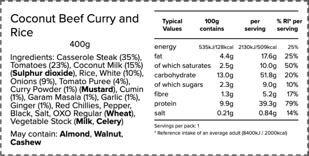 Nutrition and ingredients label for Coconut Beef Curry with Fragrant Basmati Rice
