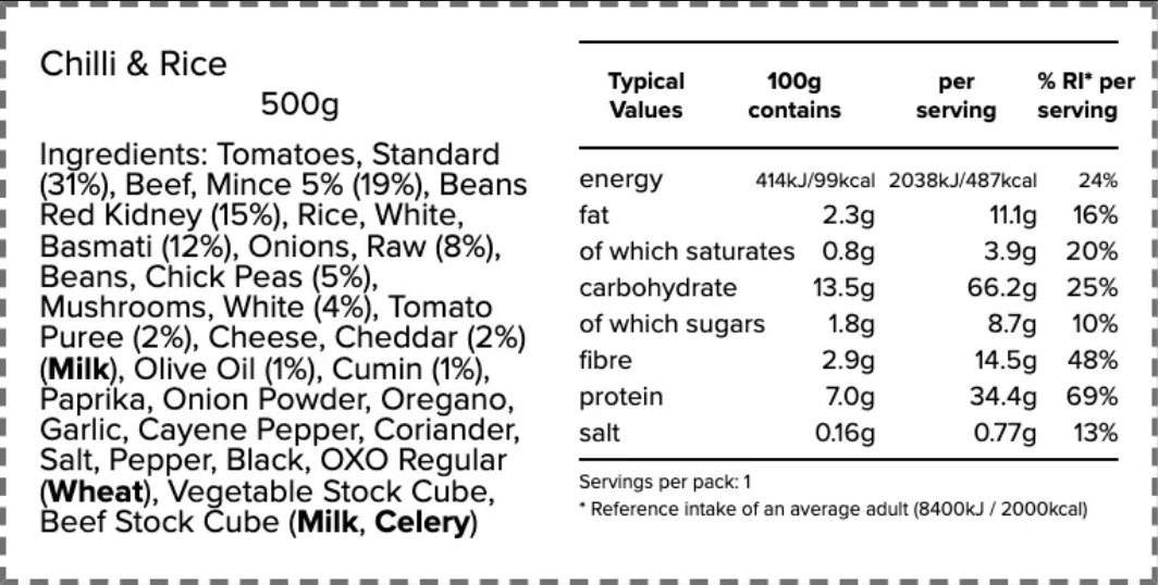 Nutrition and ingredients label for High Protein Chill &amp; Rice