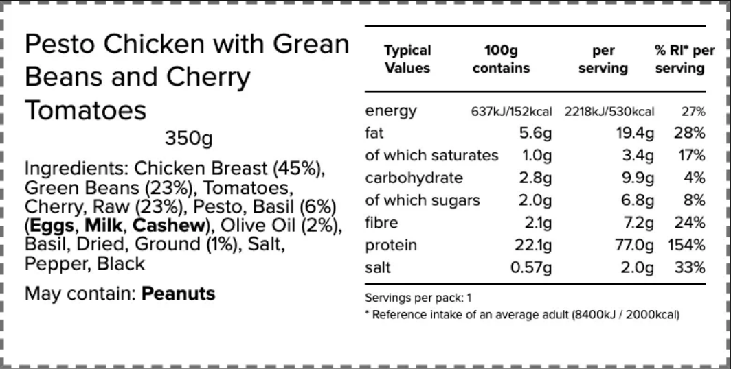 Nutrition and ingredients label for Pesto Chicken with Grean Beans and Cherry Tomatoes