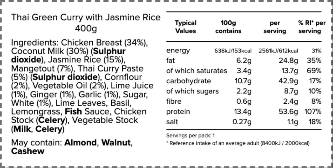 Nutrition and ingredients label for Thai Green Chicken Curry with Jasmine Rice