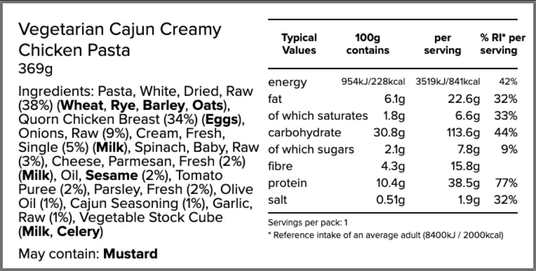 Nutrition and ingredients label for Vegetarian Cajun Creamy Quorn Chicken Pasta