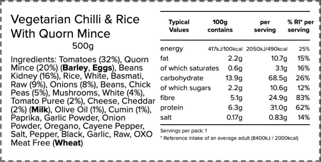 Nutrition and ingredients label for Vegetarian Chill &amp; Rice With Quorn Mince