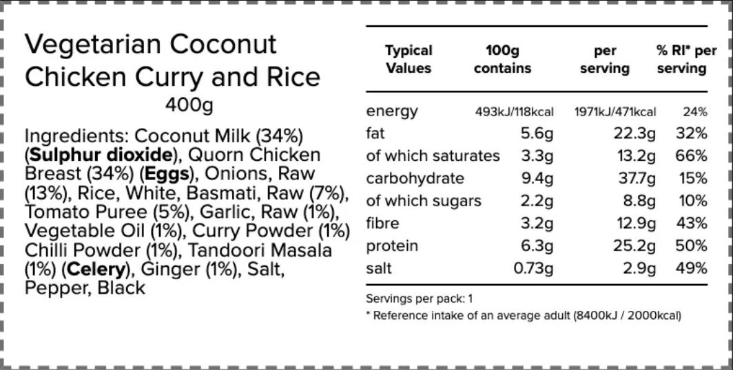 Nutrition and ingredients label for Vegetarian Coconut Quorn Chicken Curry with Fragrant Basmati Rice