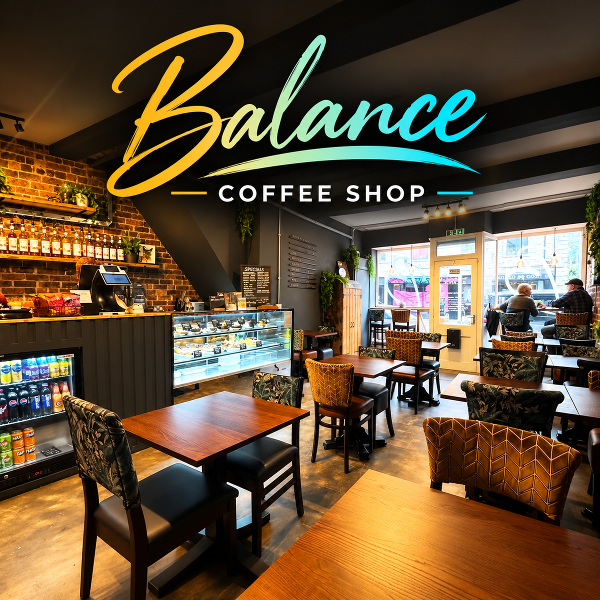 BALANCE Coffee Shop logo over our cafe interior in Hebden Bridge