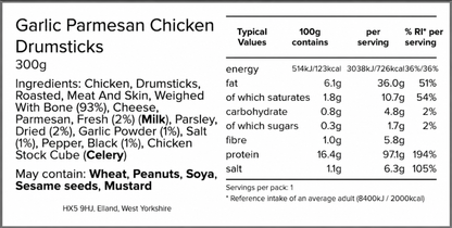 Nutrition and ingredients label for Garlic Parmesan Chicken Drumsticks