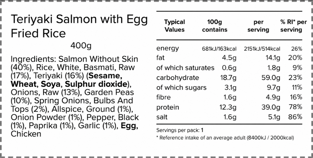 Teriyaki salmon with egg fried rice nutrition sticker, one serving per pack